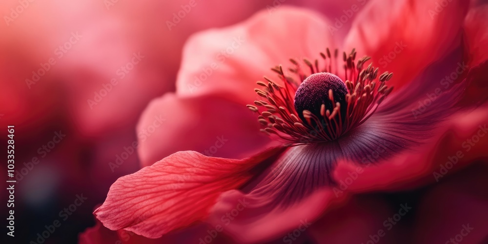 Poster closeup or macro image of a stunning red opium flower with copyspace.
