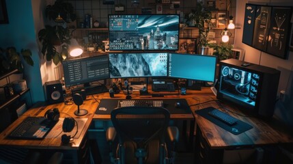 Modern Gaming Setup with Multiple Monitors and PC
