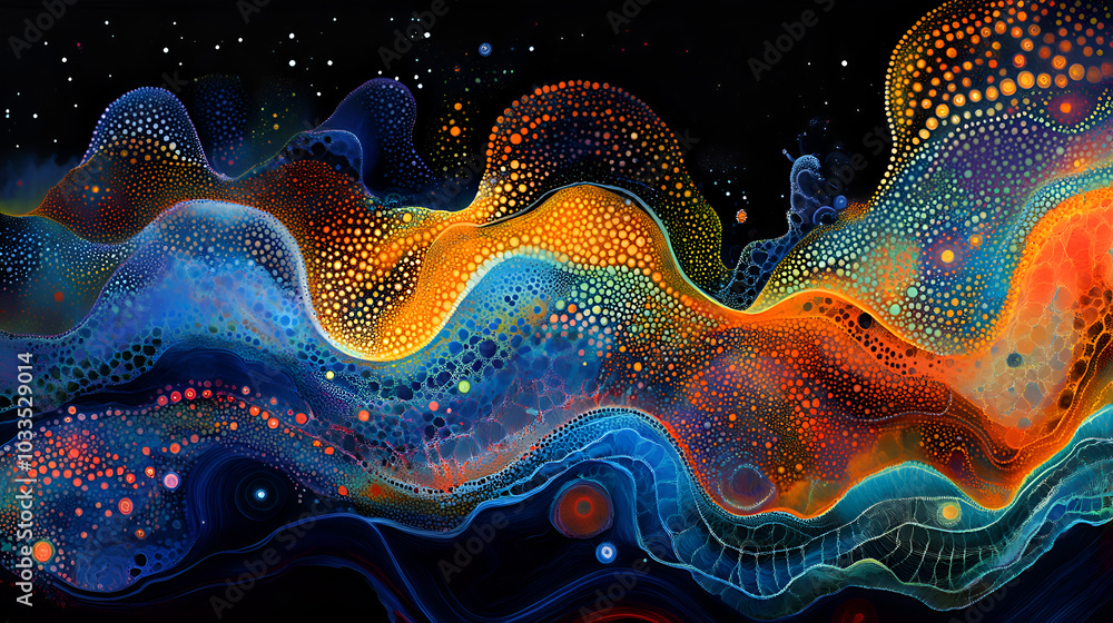 Poster glowing abstract waves in vibrant cosmic colors, psychedelic fluid art with intricate dots and curve