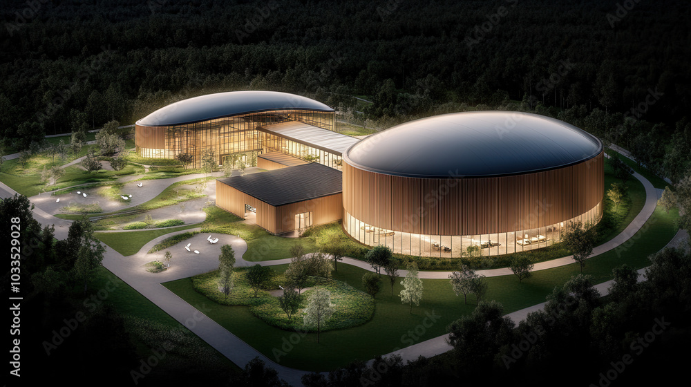Poster modern architectural design featuring eco friendly buildings surrounded by greenery at night. struct