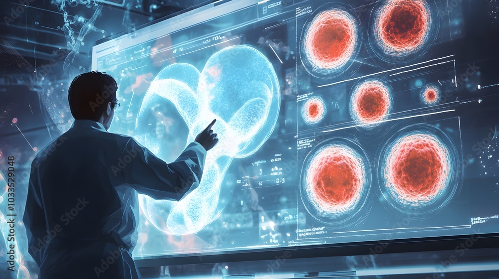 Poster scientist examining cell structure on a digital display
