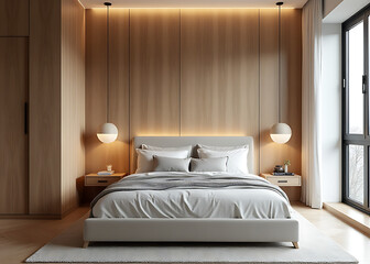 The Scandinavian inspired bedroom features a sleek modern aesthetic, boasting wooden paneling walls that add warmth to its clean lined space.