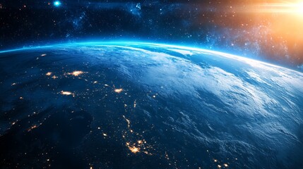 Satellite View of Earth at Night with Glowing Lights and Stars