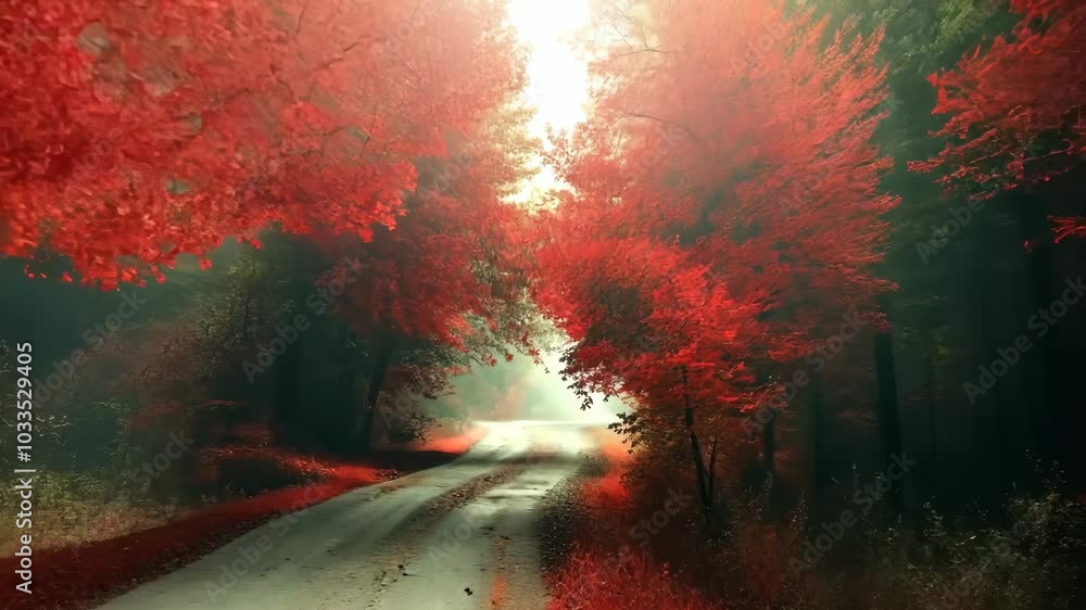 Poster a red tree with red leaves is in the foreground of a forest. the red leaves contrast with the green 