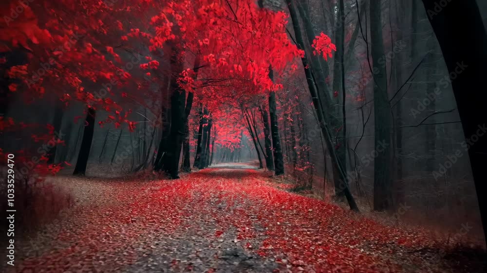 Poster a path through a forest with red leaves on the ground. the leaves are scattered all over the ground,