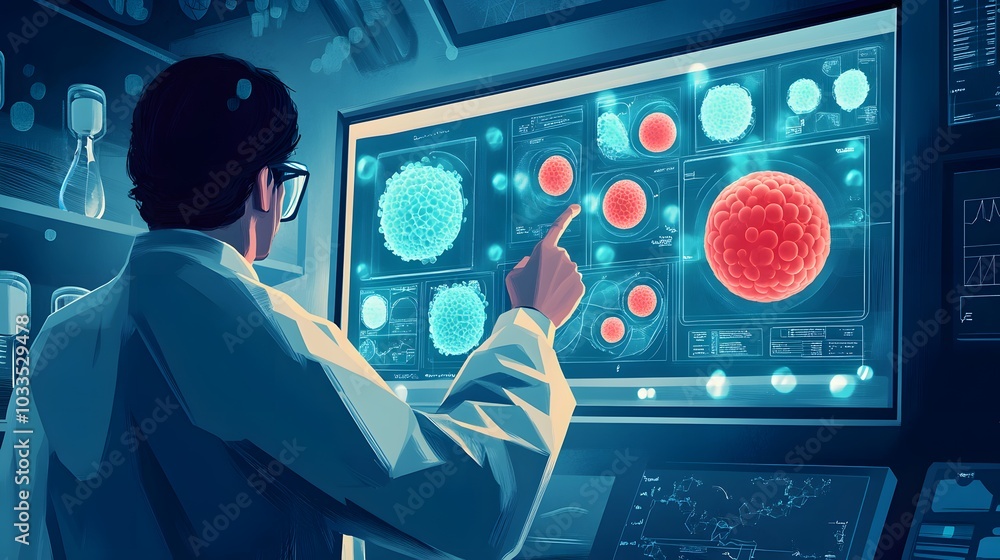 Poster scientist examining 3d models of cells on a large monitor