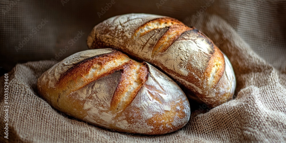 Poster freshly baked loaves of bread on a burlap background with a dark wooden surface. close-up texture of