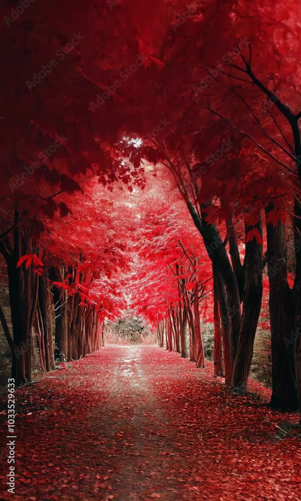 Poster a red forest path with trees in the background. the trees are red and the leaves are falling