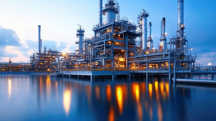 Oil refinery plant reflecting on water, creating serene yet industrial atmosphere. intricate structures and glowing lights enhance beauty of this industrial scene