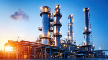 serene oil refinery plant reflecting on water, showcasing towering structures and intricate pipelines under clear blue sky. scene captures industrial beauty and complexity of modern energy