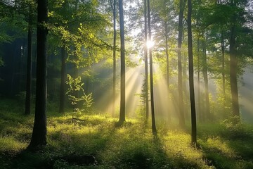 Sunbeams shining through trees in a dense forest, creating a mystical atmosphere.
