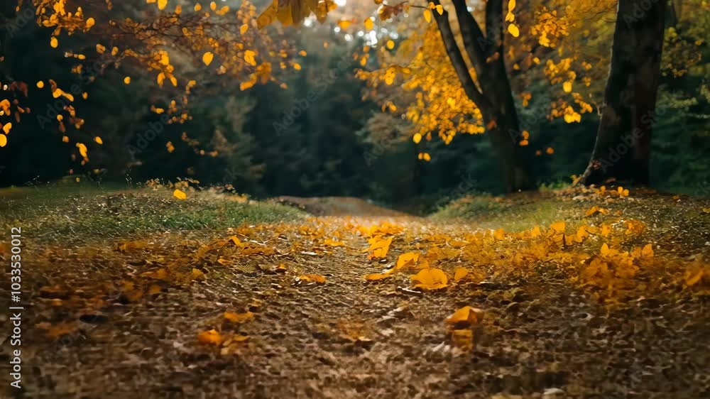 Poster a path through a forest with leaves and oranges on the ground. the oranges are scattered throughout 