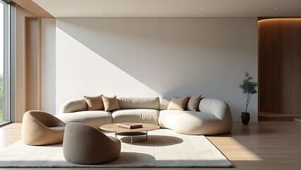 The space features a curved sofa and plush bean bag chairs in a sleek minimalist interior design of the modern living room area.