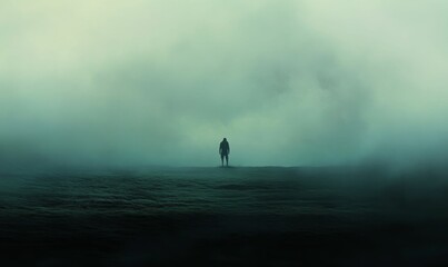 A lone figure stands in a foggy field.