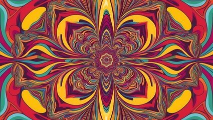 Vibrant mandala pattern with swirling colors of red, yellow, turquoise, and orange creating a hypnotic design