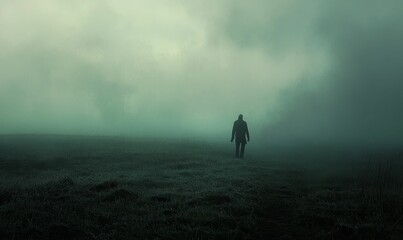 Fototapeta premium A lone figure walks through a foggy field.