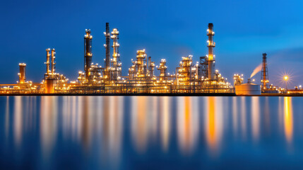 Fototapeta premium stunning view of industrial refinery at dusk, showcasing illuminated pipelines and structures reflecting on waters surface. scene captures essence of modern industry and energy production