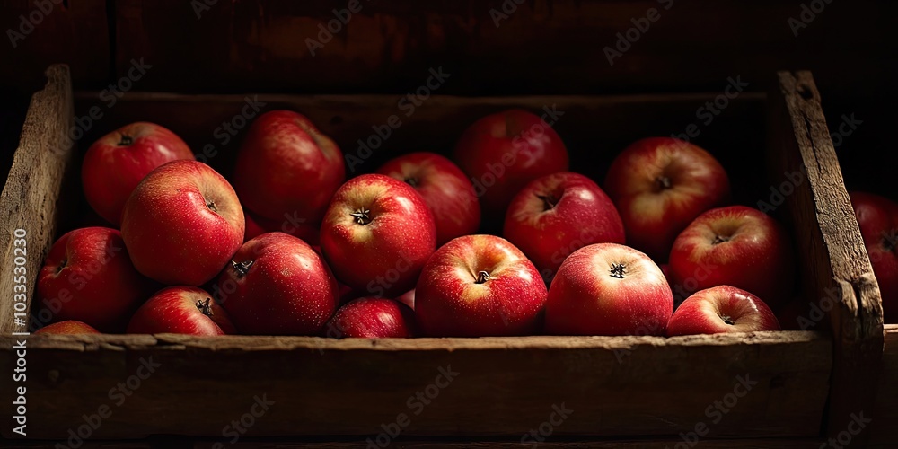 Poster cluster of ripe red apples in a wooden box with dim light in a dark room, featuring copy space for t