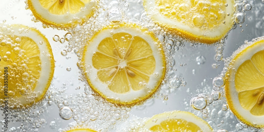 Poster a collection of lemon slices immersed in water with bubbles.