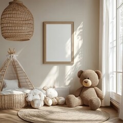 Stylish scandinavian nursery interior with mock up photo frame, plush toy, design furniture, toys and accessories. Beautiful decoration on the beige background wall. Home decor for children