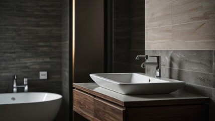 Fototapeta premium A modern bathroom sink with chrome faucets and a wooden cabinet.
