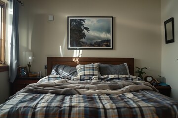 Bedroom interior with picture frame furniture painting indoors.