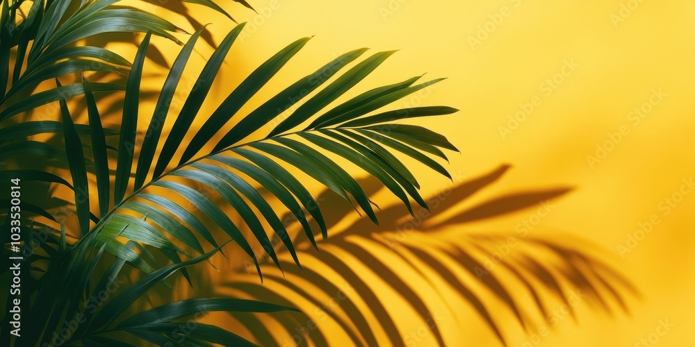 Poster shadows of tropical leaves with copyspace on a yellow background. a minimal summer idea featuring a 