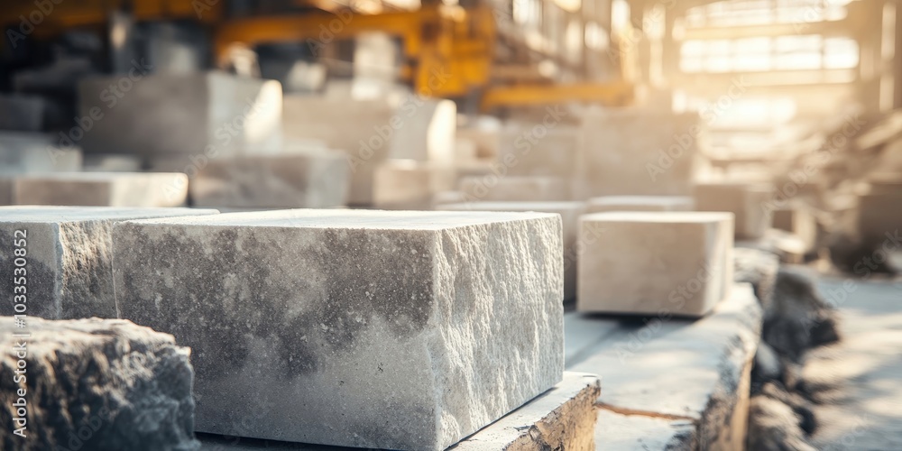 Poster factory for producing limestone blocks. background with selective focus and copyspace for text.