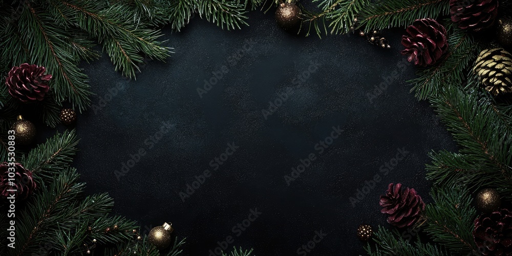 Poster christmas frame created from fir tree branches and decorations on a black background with room for t