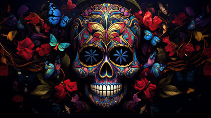 Day of the Dead sugar skull with flowers and butterflies. 3d illustration