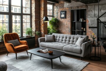 The stylish compostion at living room interior with design gray sofa, armchair, woooden coffee table, lamp and elegant personal accessories. Loft and industrial interior, Generative AI