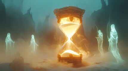 Ethereal hourglass surrounded by ghostly figures in a mystical landscape shrouded in fog and glowing with golden light