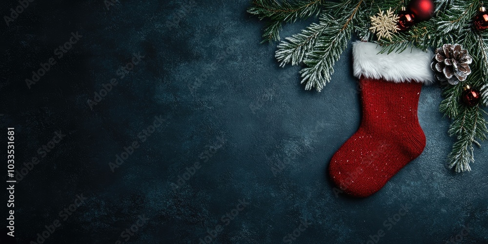 Poster dark christmas backdrop featuring a christmas sock. top view with copy space.