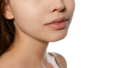 Fototapeta premium Cropped image of female face, nose and lips. Lip hydration products. Concept of natural beauty, skincare, cosmetics and cosmetology. Concept of natural beauty, skincare, cosmetics and cosmetology