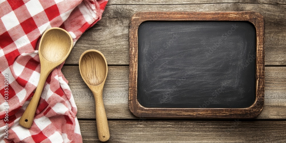 Aufkleber an old slate blackboard and a vintage wooden flour scoop rest on a rustic brown wooden background, w
