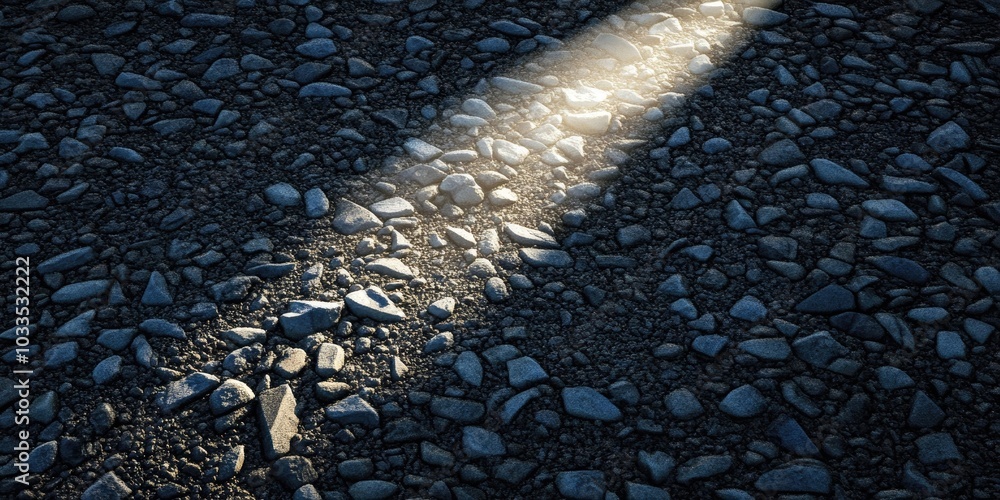 Poster light with a bright projection on a surface of small dark stones.