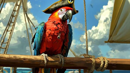 A scarlet macaw wearing a pirate hat perches on a ship's railing, enjoying the ocean breeze on a sunny day