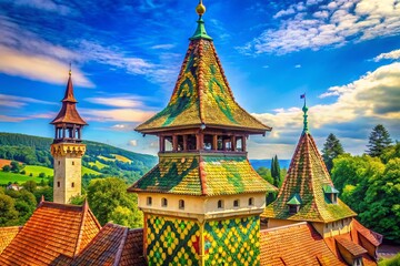 Fototapeta premium Colorful Romanian Tower with Tiled Roof Under Blue Sky - Vibrant Architecture, Historical Landmark, Travel Destination, Scenic View, Beautiful Day, Cultural Heritage