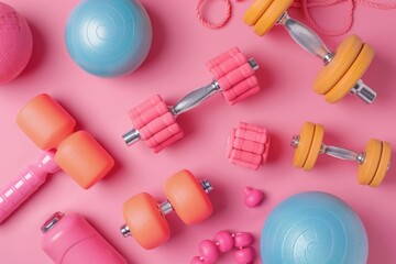 Flat lay with sport equipment on pink background