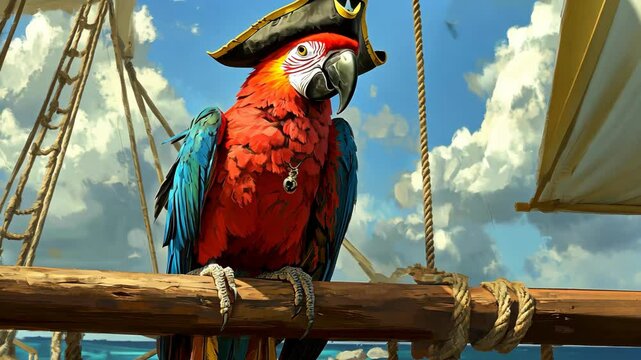 A scarlet macaw wearing a pirate hat perches on a ship's railing, enjoying the ocean breeze on a sunny day
