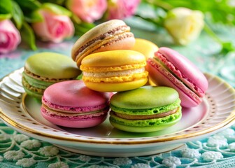 Obraz premium Colorful Sweet Cake Macarons Displayed on a Delicate Plate - Gourmet Dessert Photography for Food Lovers and Pastry Enthusiasts