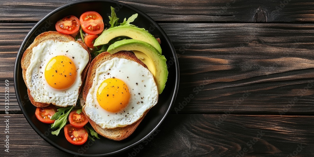 Poster lunch featuring high fiber and protein. fried eggs with vegetables next to toast topped with avocado