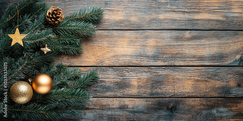 Poster christmas greeting card. fir branch and decorations on a plank. christmas fir tree on a wooden backg