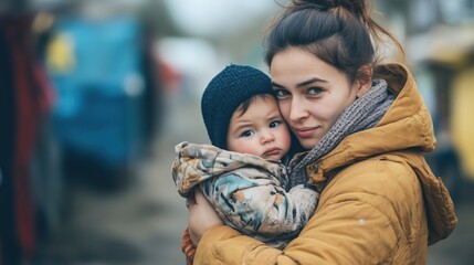 Obraz premium Mother holding baby, warm clothing, emotional connection, outdoor setting