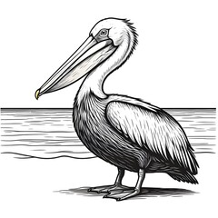 A line art drawing cute pelican cartoon style