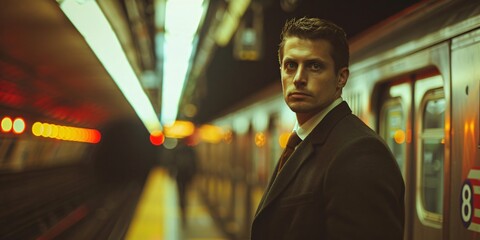 A professional businessman waiting for the subway, embodying the hustle and bustle of city life. This image reflects the modern urban lifestyle and the daily commute of professionals.