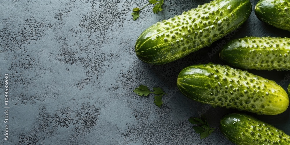 Poster pickled cucumbers on a gray backdrop.
