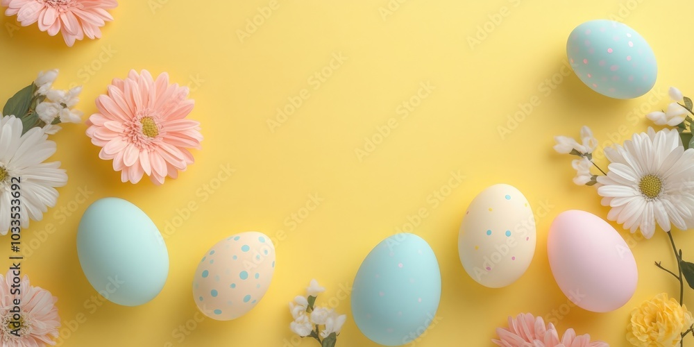 Aufkleber Flat lay top view of colorful Easter eggs painted in pastel shades alongside spring flowers on a yellow pastel background. Easter day background from above with copyspace.