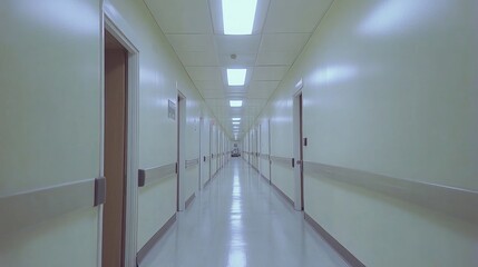 Fototapeta premium A long, empty hallway in a building with white walls, a tiled floor, and fluorescent lights.