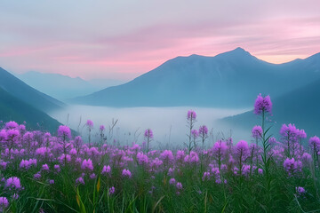 Fototapeta premium A mountain range with a foggy sky and a field of purple flowers. The flowers are in full bloom and the sky is a mix of blue and pink